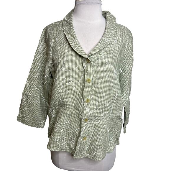Flax gingham leaf print linen button down shirt - Picture 1 of 6